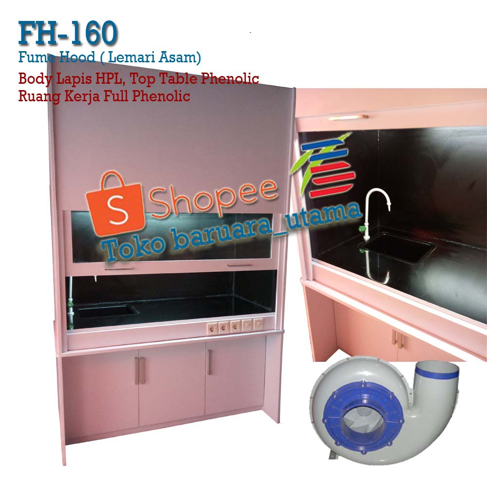 FH-160 Fume Hood Lemari Asam Laboratorium HPL 160x80x240 Ruang Kerja Phenolic + Sink Kran
