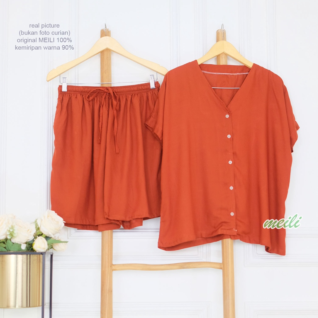 BIGSIZE | XXL 5L LD 120 140 Gemoy Oneset Rayon Polos Aneka Warna Setelan Piyama Jumbo Celana Pendek Sleep Wear Original Meili-Terracotta