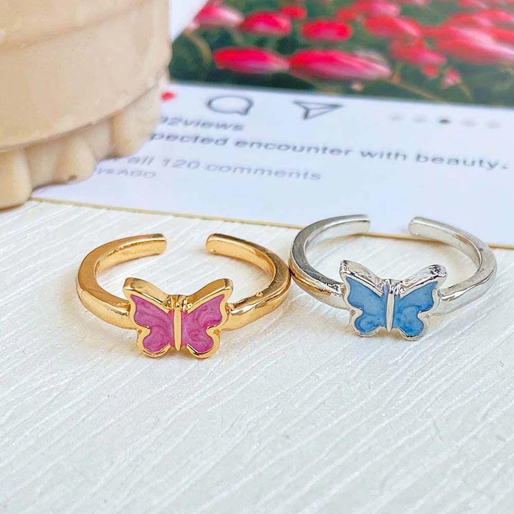 Agustina Kupu-Kupu Cincin Alloy Adjustable Pink Biru Aksesoris Fashion Warna Emas Sliver Color Women Rings