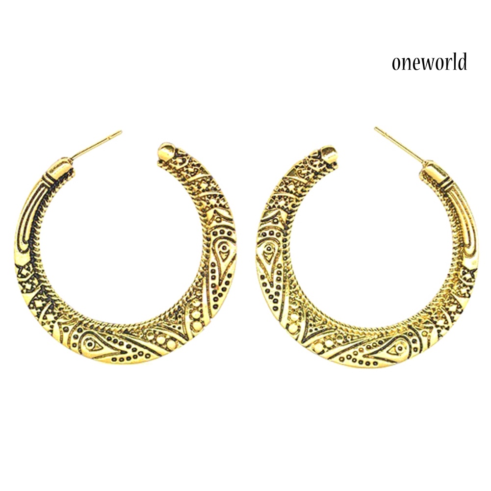 OW# Vintage Women Silver Plated Carved Circle Dangle Ear Stud Earrings Jewelry Gift