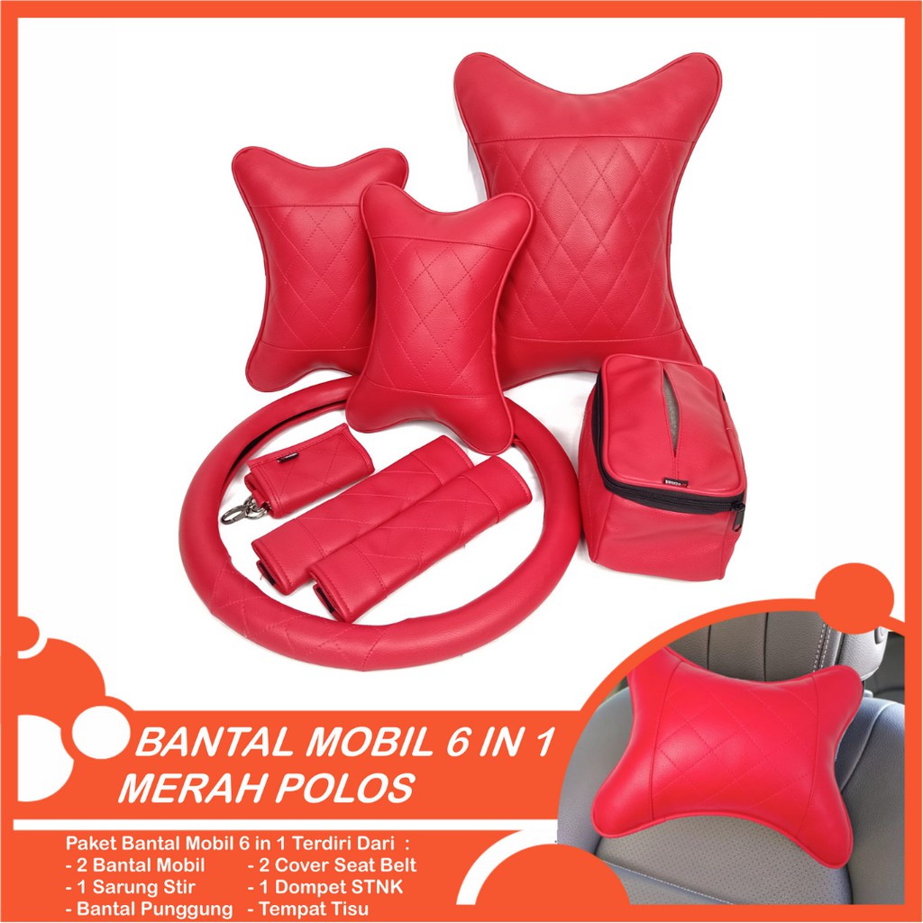 Set Bantal Mobil 6 in 1 Premium Bantal Leher Pinggang Cover Stir Seatbelt Tempat Tisu Free  Dompet STNK