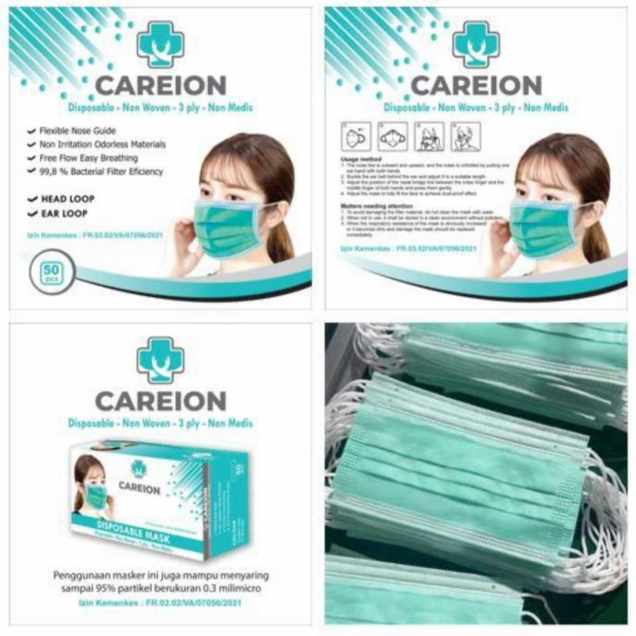 MASKER 3PLY CAREION HIJAU EARLOOP ISI 50PC MASKER DISPOSIBLE MASK MASKER CAREION 3PLY HIJAU 50PC - 3PLY HIJAU 50PC