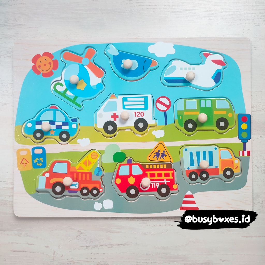 [busyboxes.id] Mainan Edukasi  Kayu Mencocokan alat transportasi kendaraan  Puzzle Kayu Puzzle Knob Wooden Toys Mainan Kayu kendaraan vol2