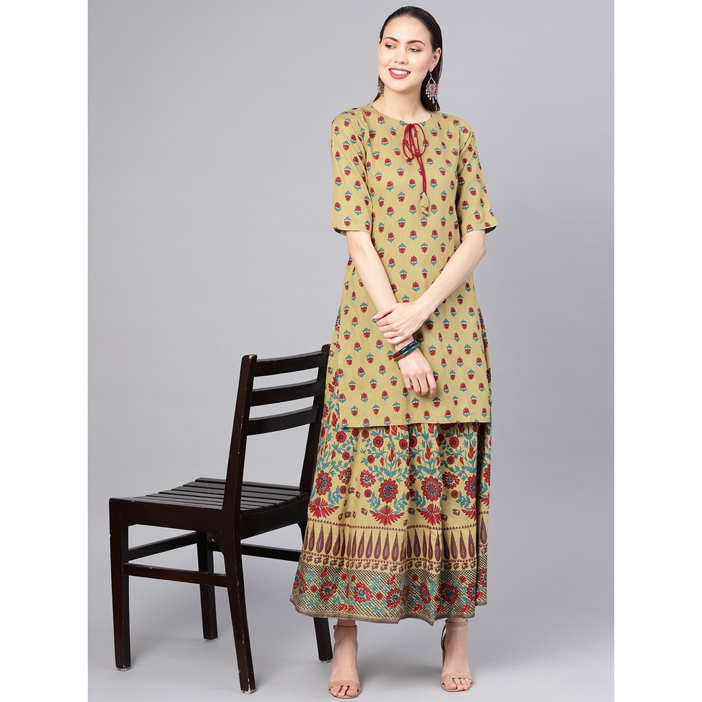 Kurti Libas Size M L XL Warna Olive Green & Maroon dengan Skirt / Kurti Set dengan Rok / Anarkali da