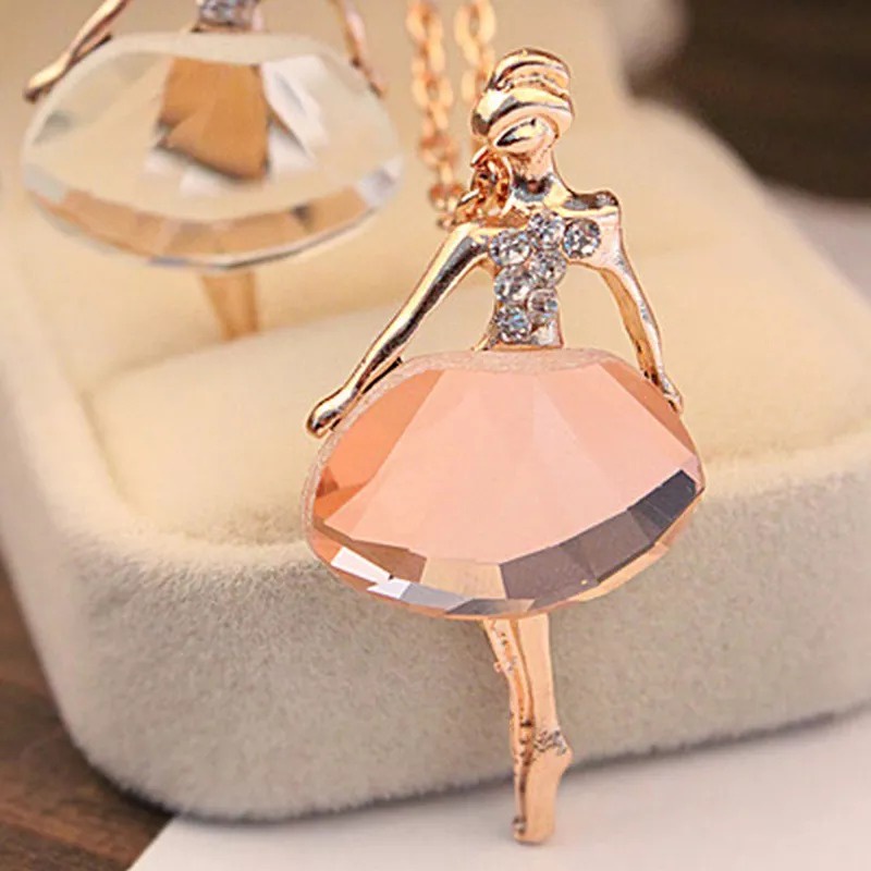 FSUNION Baru Warna Emas Jaringan Mengkilap Crystal Ballerina Gadis Liontin Kalung Pernyataan Panjang Kalung Perhiasan untuk Wanita Pacar