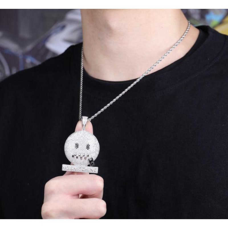 Kalung Liontin Wajah Bulat Model Ritsleting Gaya hip-hop hipster Untuk Pria