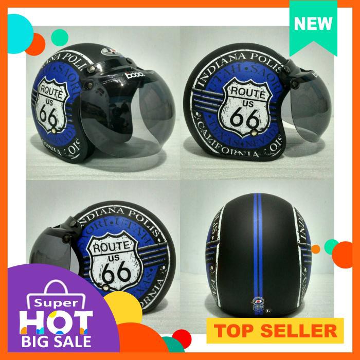 Helm Bogo Jpn Motif Route 66 Hitam Biru Doff Plus Kaca Bogo Original