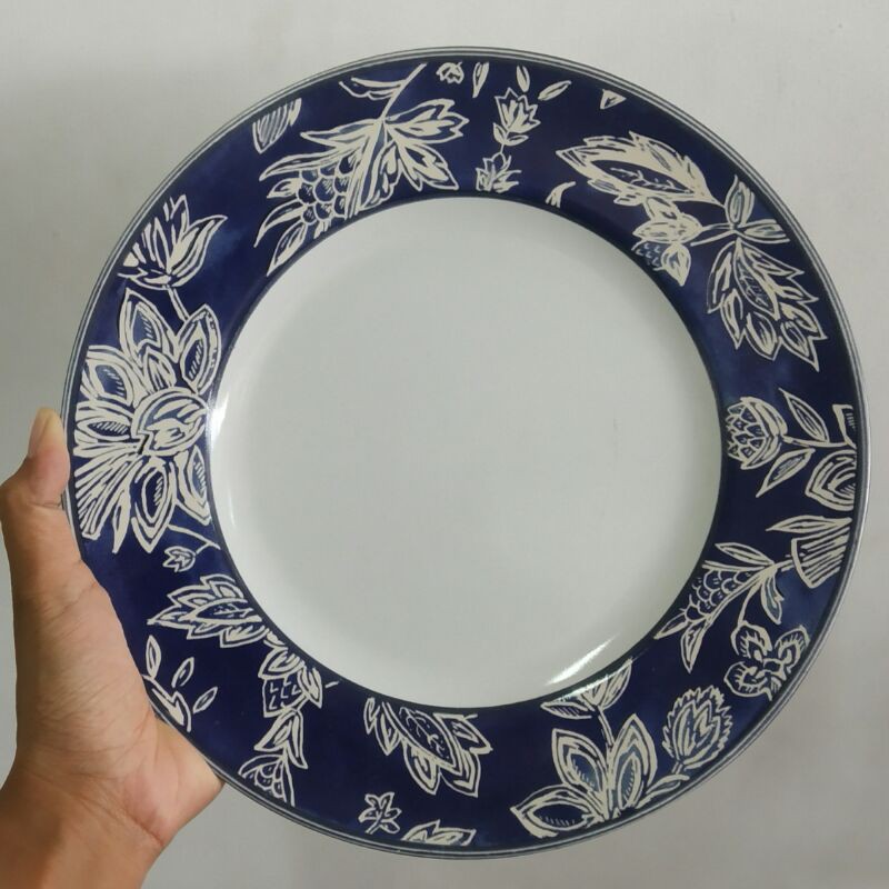 DINNER PLATE PIRING KERAMIK SANGO JADUL MOTIF BUNGA VINTAGE FLOWER BIRU PUTIH PIRING SAJI HIAS