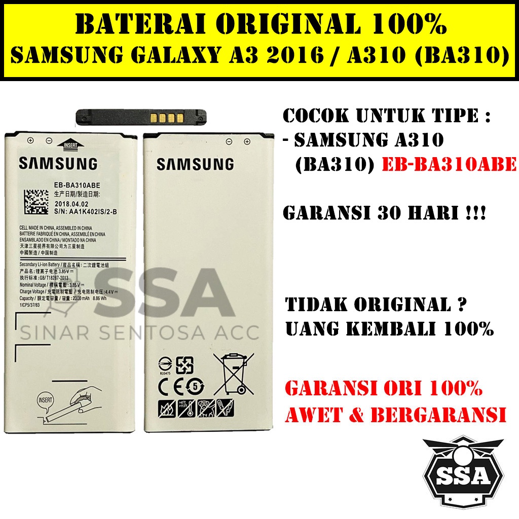 Baterai Original 100% Samsung Galaxy A3 2016 A310 BA310 EB-BA310ABE Batrai Batu Batre Battery Batrei Handphone ORI HP