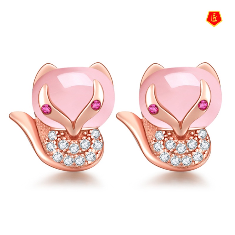 [Ready Stock]Pink Crystal Little Fox Ross Quartz Pendant Ring Earings Set