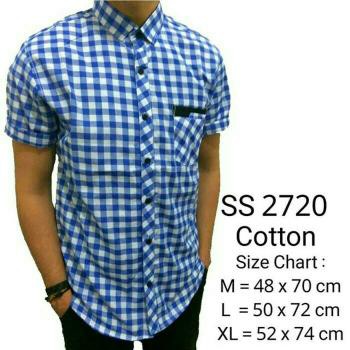 kemeja pendek pria cowok 2720 biru putih kotak2 slimfit casual Limited
