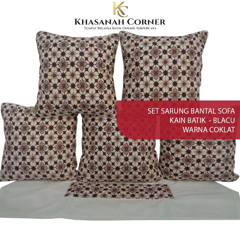 Set Sarung Bantal Sofa Kursi Taplak Meja Batik Blacu Warna Coklat Putih Krem Kombinasi Bordir Polos 