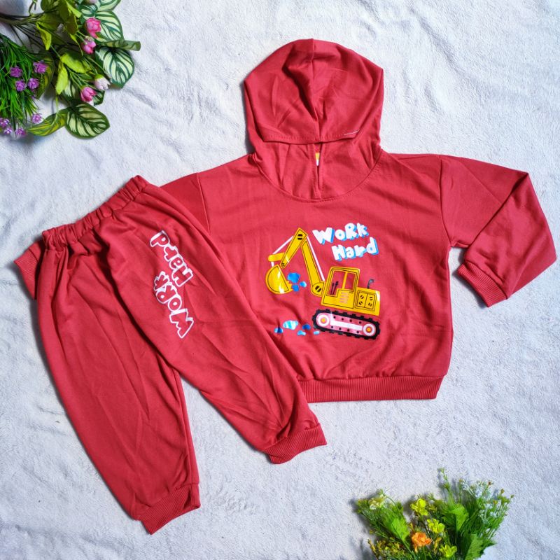 Setelan jumper anak cowok laki laki baju kaos kupluk anak kapal keruk excavator hoodie hodi topi