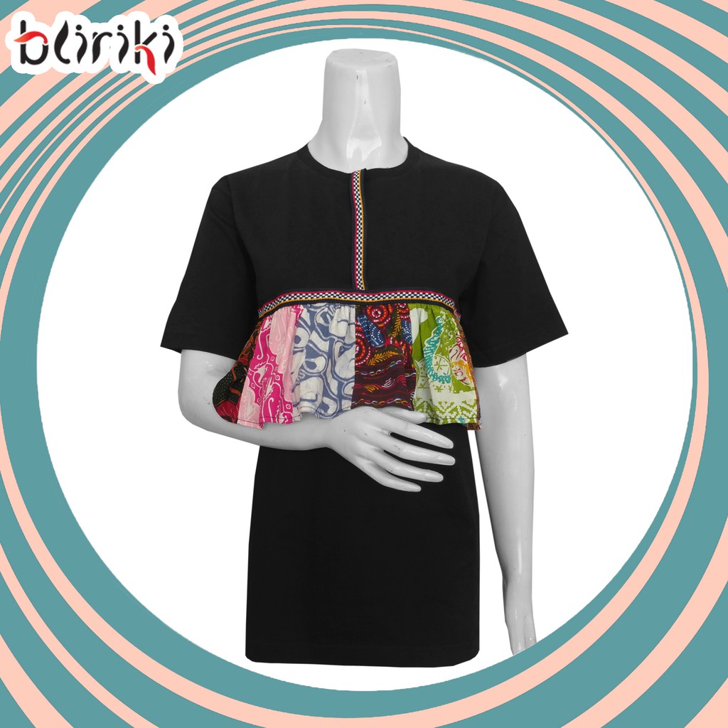 KB39 Kaos Katun Kombinasi Batik Cap Patchwork Lengan Pendek Wanita