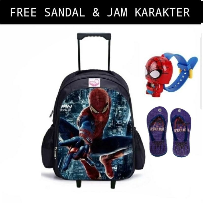 COD/ Paket Hemat 3in1 Tas Ransel Troli Anak Laki-laki/Ransel Troly Superhero Free Jam Tangan Dan Sandal spon