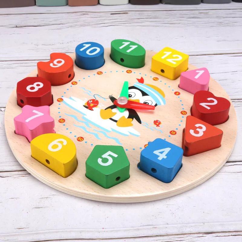 Mainan Anak Jam Dinding Pingun/ Mainan edukasi jam dan meronce/ jam kayu/ jam geometri/ puzzle bentuk/ mainan kayu