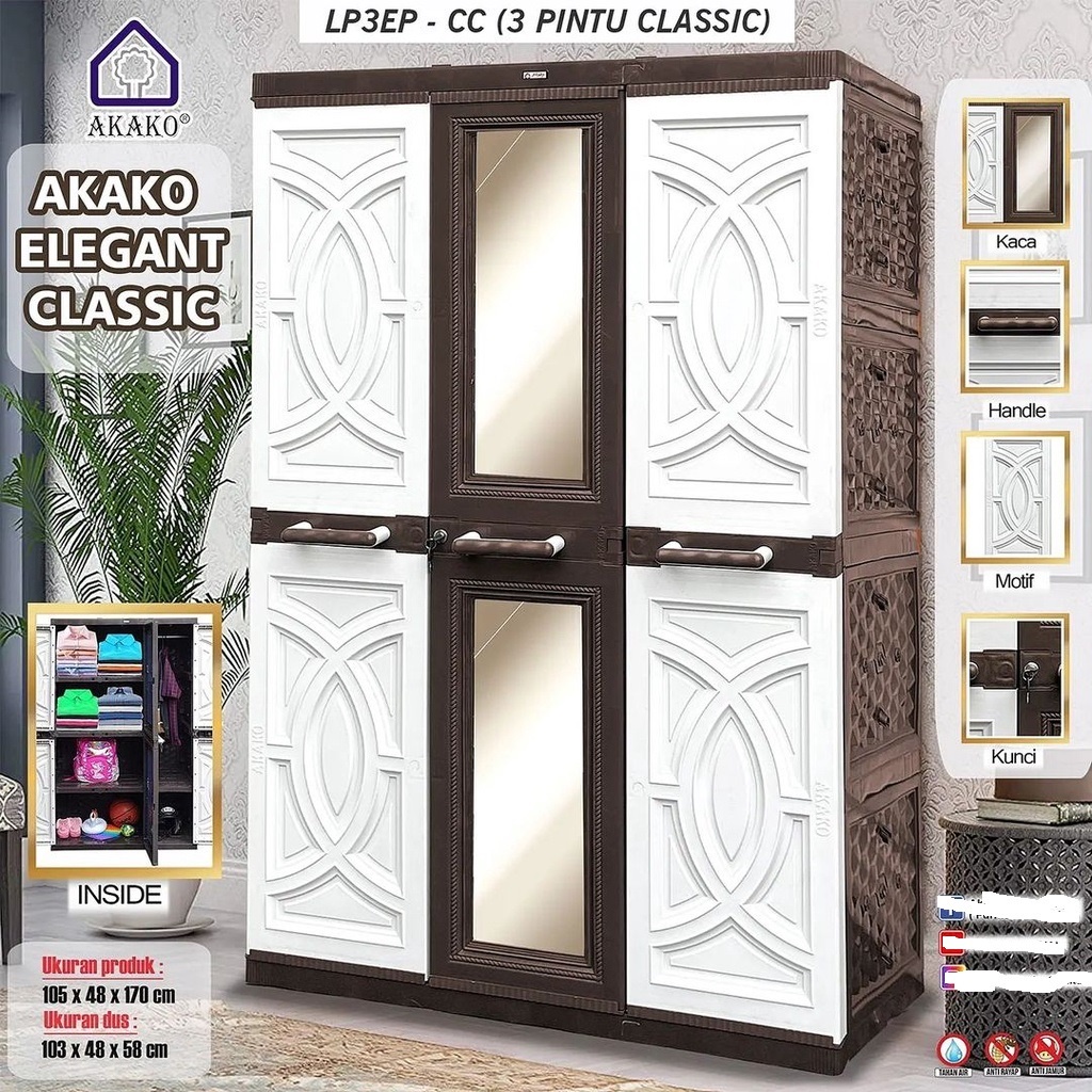 JUMBO LEMARI PLASTIK AKAKO ELEGANT 3 PINTU KACA LP3EP LEMARI GANTUNG KACA FULL KUNCI