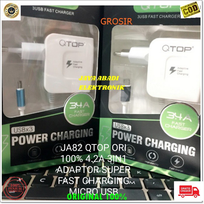 J82 ORIGINAL QTOP 4.2A ADAPTOR FAST CHARGING 3 USB TRAVEL ADAPTOR CHARGER FLASH CAS CASAN MICRO USB  3in1 adaptor hp micro usb cas casan super fast charging travel charger flash charge quick qualcomm adapter adaptive watt w kabel data androit handphone qu