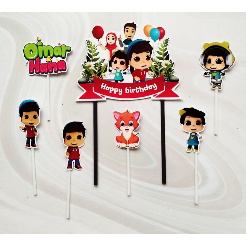 hiasan kue ulang tahun nasi tumpeng cake topper karakter omar & hana