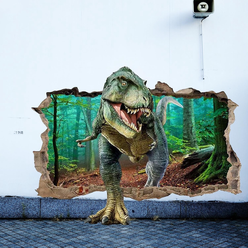 Preva Wall Decals Dinosaurus Hutan 3D Smashed Wall Arts Dinosaurus Dinding Mural
