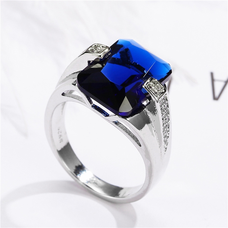 New women's fashion inlaid diamond blue/green zircon silver ring wedding engagement jewelry
