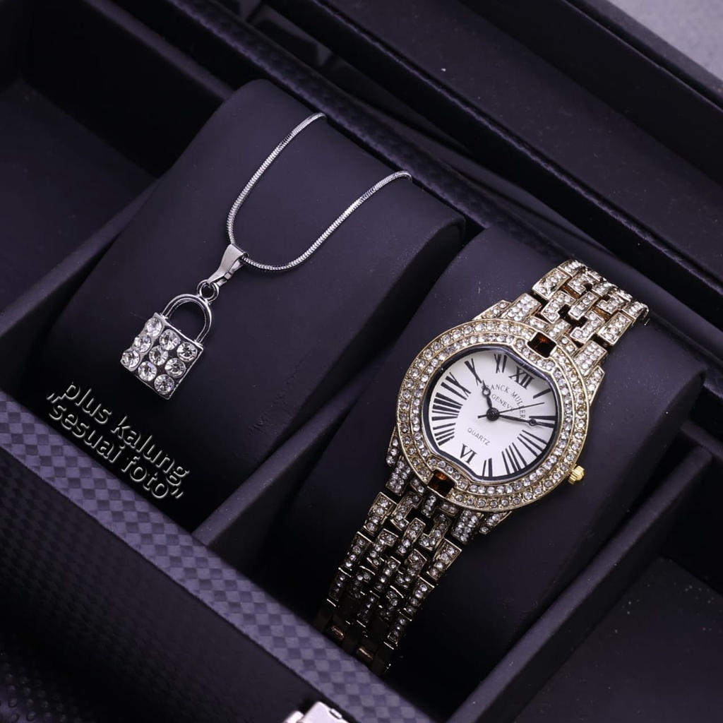 JAM TANGAN WANITA FM60 TALI RANTAI MOTIF FULL MATA DM 3.2CM FREE KALUNG &amp; BOX  || JAM TANGAN FASHION WANITA FM