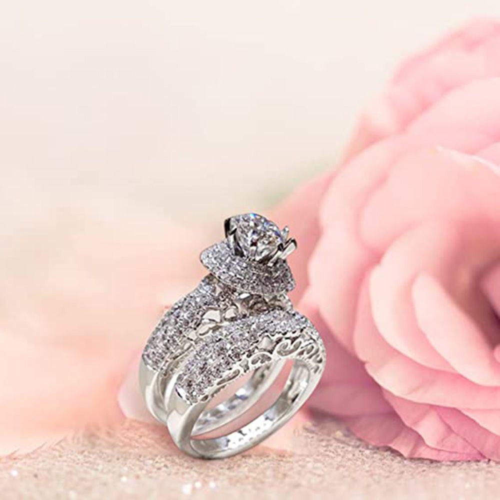 Nanas 2 Pcs Cincin Berlian Wanita Perhiasan Double-layer Tunangan Pasangan Perhiasan Aksesoris Set Mewah Kristal