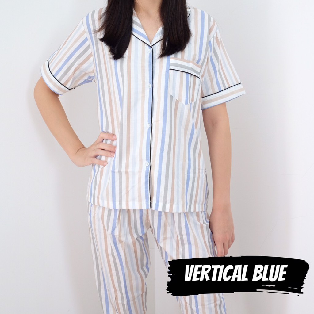 Piyama Perempuan Baju Tidur Wanita Katun Motif Garis Vertical Blue Lengan Pendek Celana Panjang Shopee Indonesia