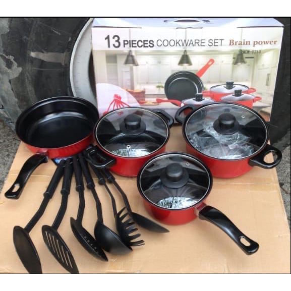 TERBARU!!! Teflon Cookware Set 13 Pcs / Panci Set Spatula / Teflon All In One Warna Merah