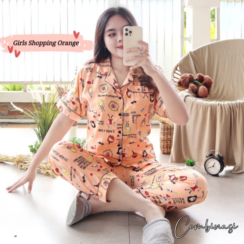 Baju Tidur Piyama Wanita Dewasa Piyama Baju Santai Motif Bunga-Shop Orange