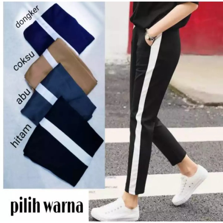 Lejing Garis Putih Bahan Tebal Legging List Putih Ukuran Standar Bahan Lembut Dan Nyaman