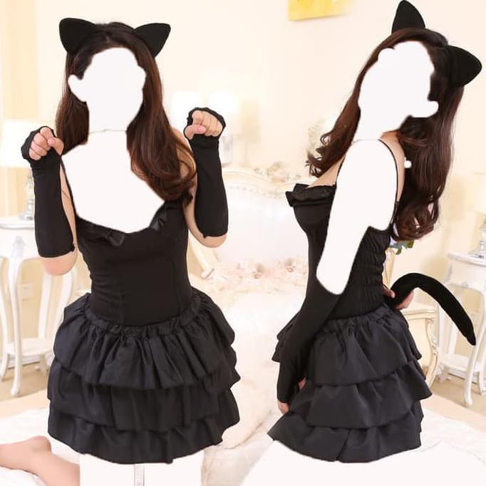 Tterlaris Top Set Lingerie G-String Kostum Wanita Cosplay Kucing Dengan Ekor A193 - Hitam