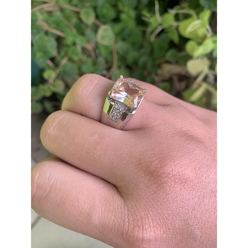 Cincin Perak Pria Batu Kecubung Teh Smoky Quartz Warna Champagne Elegan Minimalis Kantoran