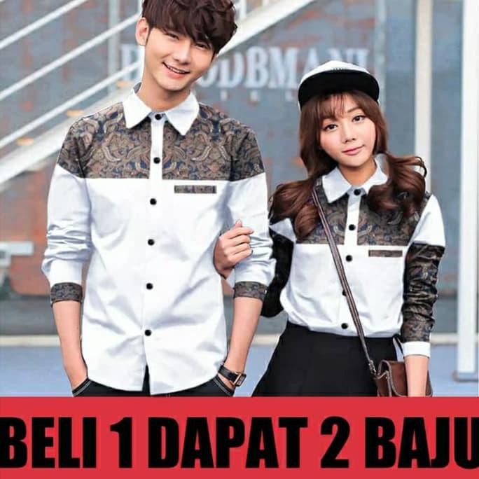 Promo Akhir Tahun KEMEJA COUPLE/KEMEJA PASANGAN/BAJU COUPLE KOREA BATIK - Putih