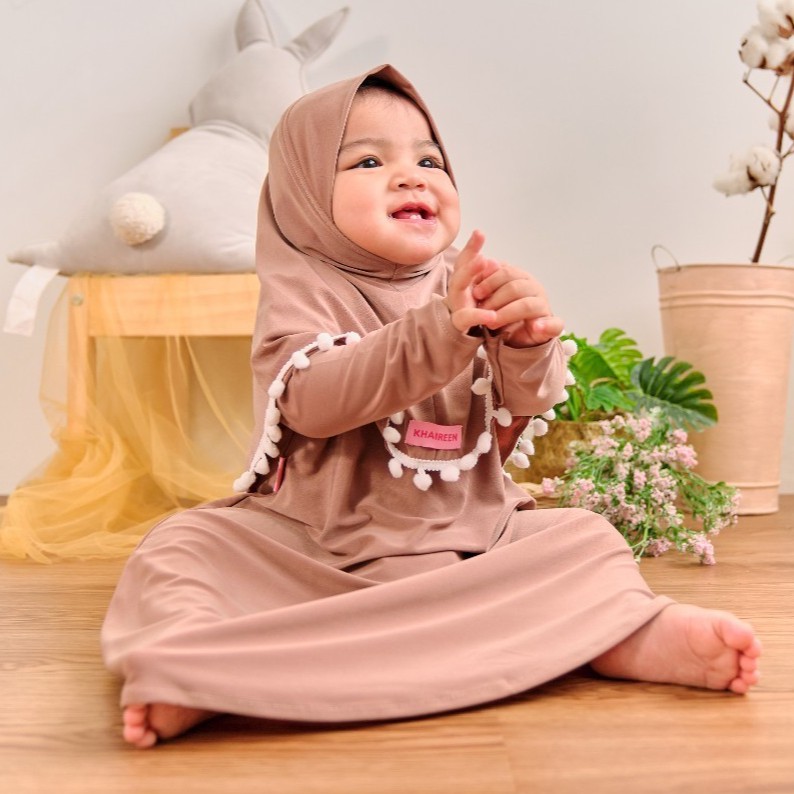 Baju Muslim Anak Perempuan / Gamis Anak Perempuan Cantik Pompom Jersey Import 1 Tahun / Gamis Bayi