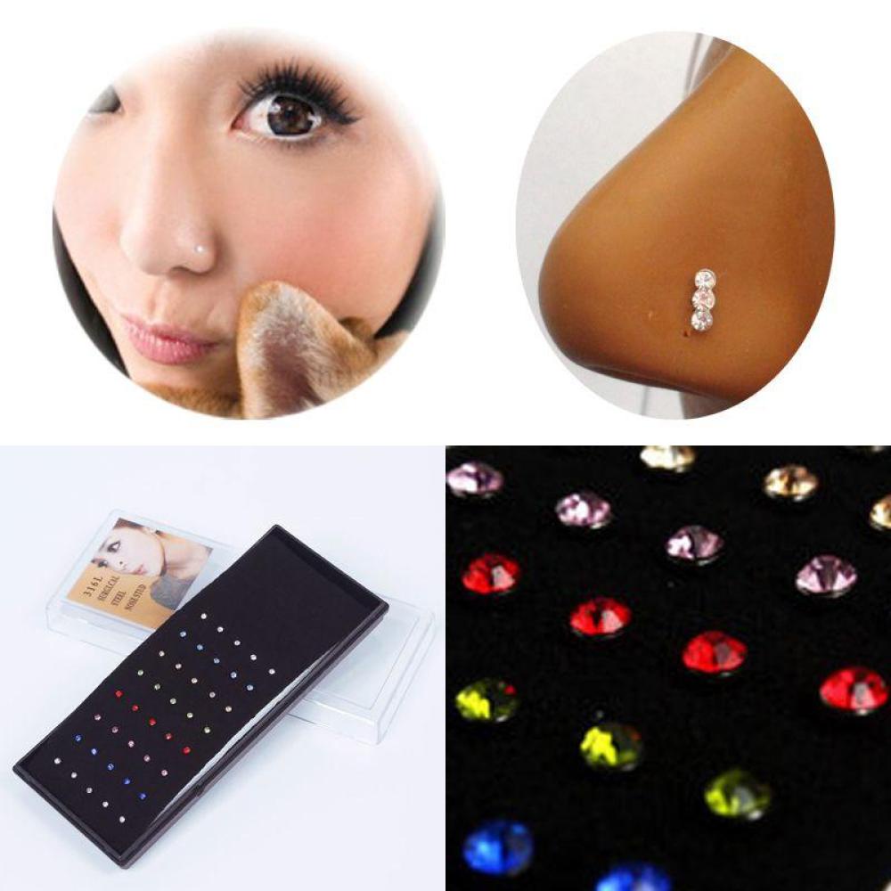 Timekey 40pcs Cincin Tindik Hidungtubuh Bahan Surgical Steel Hias Kristal Aneka Warna Untuk Wanita E5M7