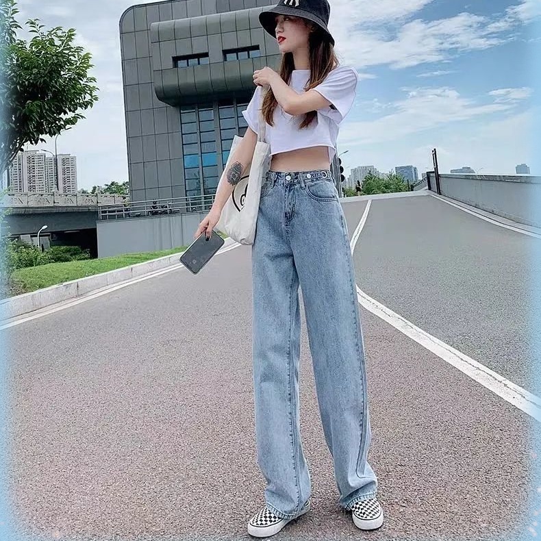 XIAOZHAINV Korean Style Jeans Wanita Retro Loose Highwaist Straight Jeans