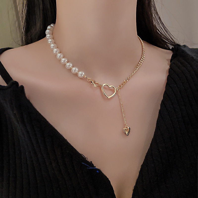 Kalung Choker Dengan Liontin Mutiara Bentuk Hati Warna Emas Untuk Wanita