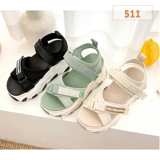 Sandal Gunung Tali Wanita Paris Fahion Kasual Korea Sol Tebal 5 Cm Hitam Hijau Krem (511)