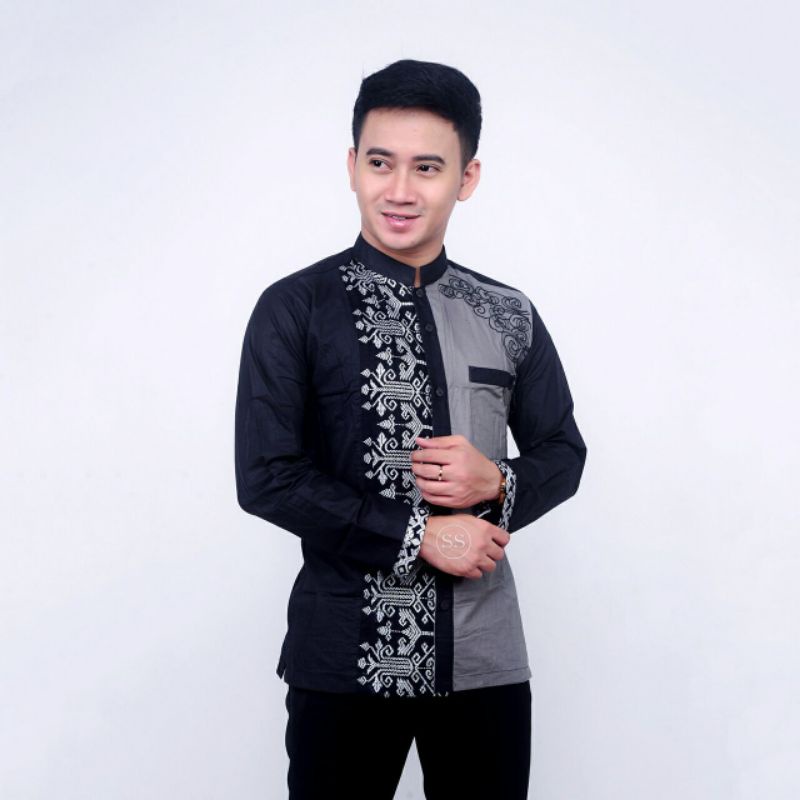 Baju Koko Pria Baju Koko Muslim Baju Koko Kombinasi Batik Lengan Panjang