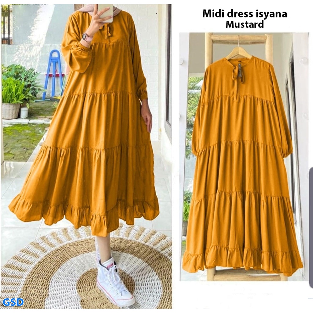 Midi Dress Isyana/ Dress Susun Rempel Wanita Muslim/ Gamis Busui Friendly / OOTD Maxi Dress Moscrepe PREMIUM / Midi Dress JUMBO