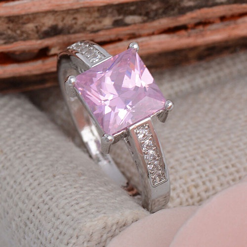 Hu Hu Hu Hu Hu Alat Bantu Pasang Kacamata♡ Cincin Lapis Silver Dengan Cubic Zirconia Kotak Warna Pink Ukuran US 7 8 9 Untuk Wanita