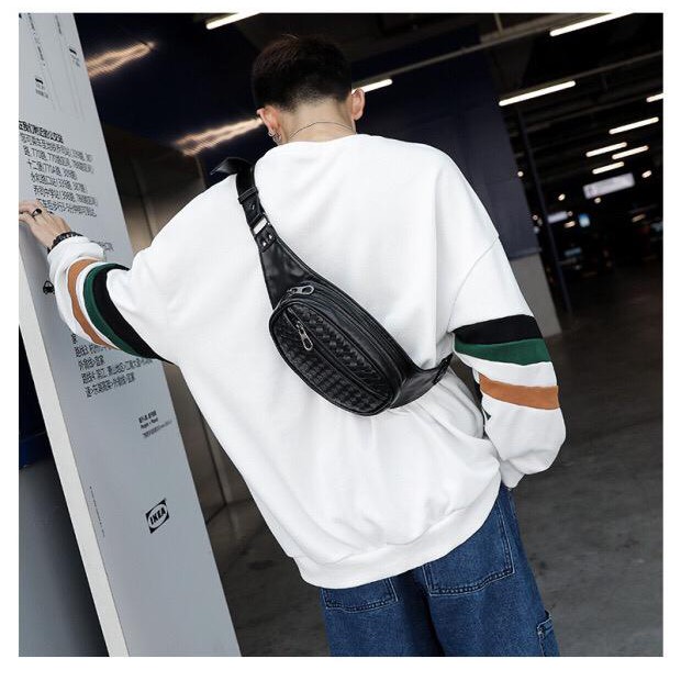Tas Selempang Kulit Bahu Pria Mini Waistbag Anyam 3070