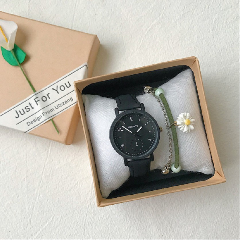 Jam Tangan Quartz Strap PU Analog Casual Gaya Retro Untuk Wanita Watch Korean Fashion-40-9 Hitam
