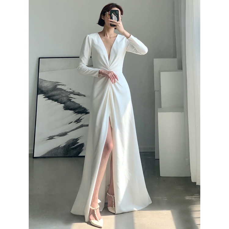 Gaun malam kecil putih wanita mewah ringan pesta perjamuan tahunan temperamen elegan dan mulia tuan 