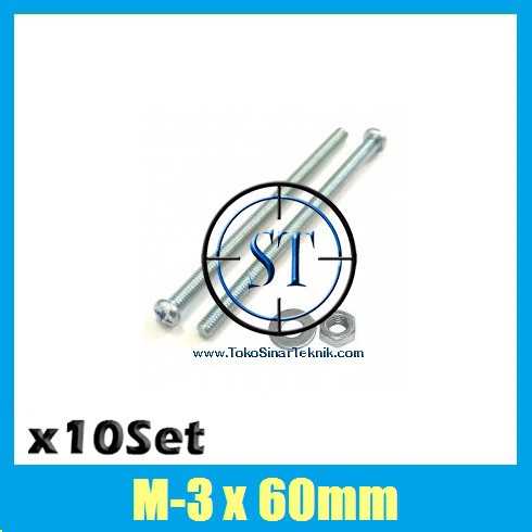 x10 Set Baut Mur Ring M3 x 60mm JP 3x60 3x60mm 3 x 60 3 x 60mm Panjang 60mm Galvanis Isi 10 Set