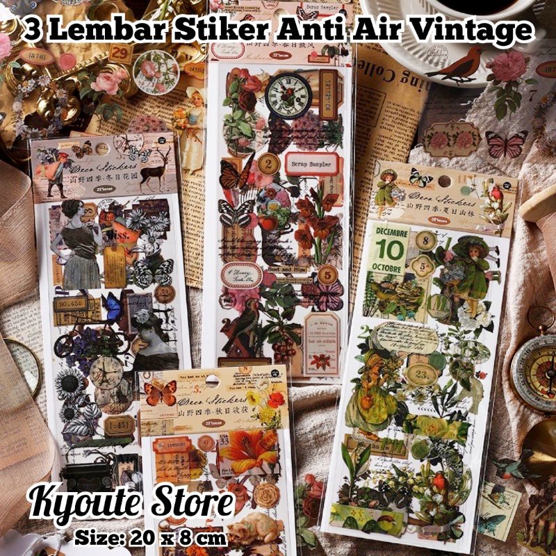 

3 Lembar Sticker Waterproof Vintage Retro Aesthetic Ancient Flower Europe Botany Scrapbook Journaling Diary Anti Air Transparan