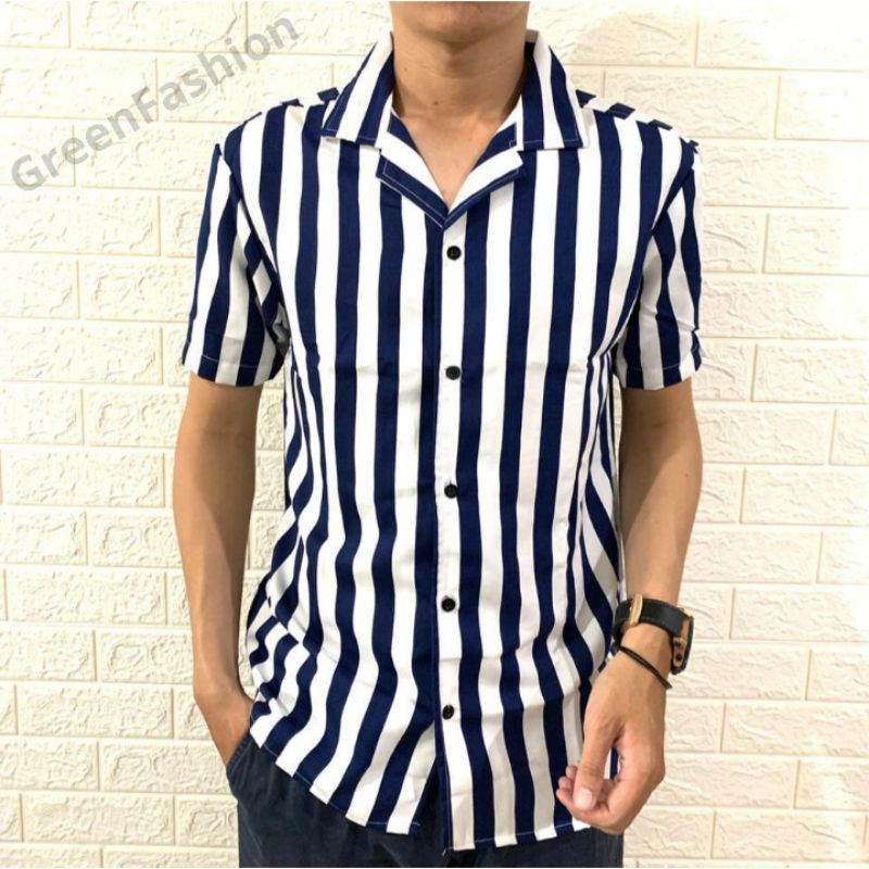 Kemeja stripe pria lengan pendek