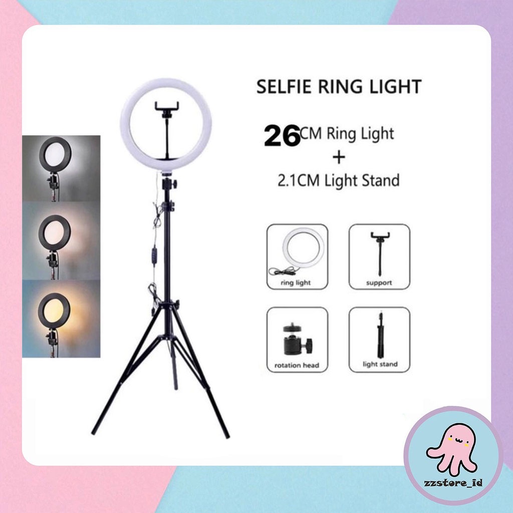 PAKET RING LIGHT LED 26 CM + TRIPOD 2M / Lampu Rias Selfie 3 Mode MultiColor