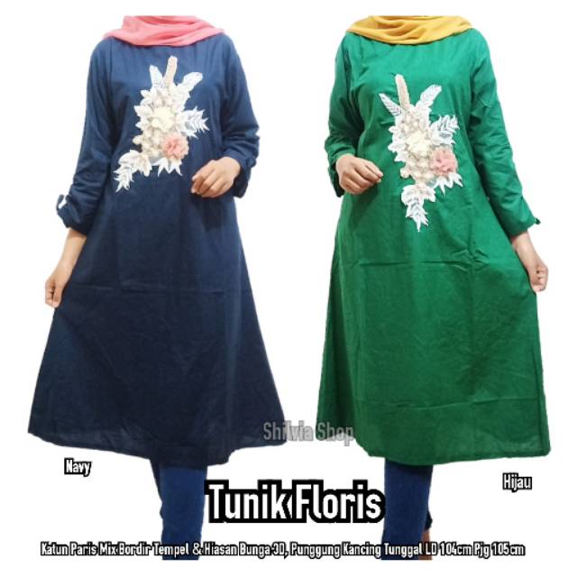 Bisa COD Tunik Modis Cantik Bahan Katun Warna Navy Hijau Botol Mix Bordir Bunga 3D Mewah Size XL